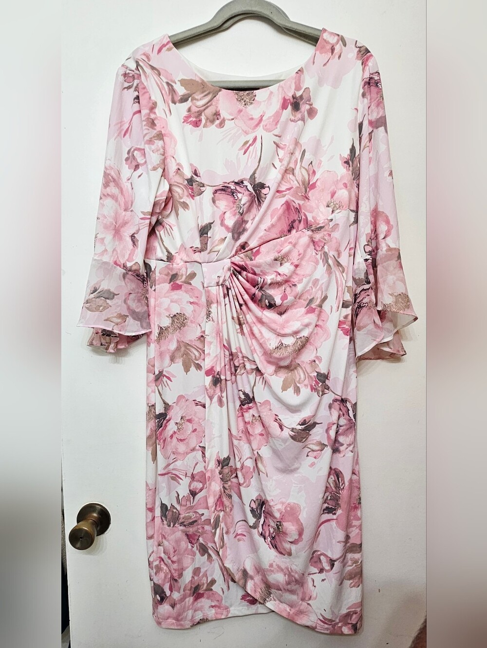Pink Floral Twist-Front Midi Dress